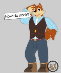  2015 3d_(artwork) anthro belt black_eyes black_nose boots bottomwear brown_body brown_fur canid canine canis clothed clothing denim denim_bottomwear denim_clothing digital_media_(artwork) dress_shirt feet footwear full-length_portrait fur jeans looking_at_viewer male mammal muscular muscular_anthro muscular_male open_mouth pants pawpads paws plantigrade portrait shirt simple_background solo speech_bubble teeth text tongue topwear vest vrart1 wolf wuffle wuffle_(webcomic) 