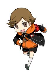  1boy amada_ken brown_eyes brown_hair highres hood hoodie jacket male_focus official_art orange_hoodie oribe_hanako persona persona_3 persona_q2:_new_cinema_labyrinth persona_q_(series) shorts socks solo source_request 