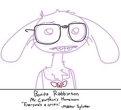  alternate_species alternate_universe anthro beanie_(roommates) bonnie_(fnaf) braces buckteeth chest_tuft english_text eyewear female five_nights_at_freddy&#039;s freckles furrification glasses lagomorph leporid looking_at_viewer mammal nerd photo rabbit ribbons roommates:motha scottgames solo teenage_mutant_ninja_turtles teeth text the_weaver tuft weaver_bonnie yearbook 