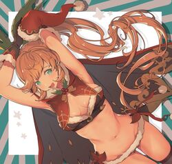  armpits arms_up brown_hair cape clarisse_(granblue_fantasy) commentary_request female fur_trim granblue_fantasy green_eyes groin hair_ornament hat koza_game navel open_mouth panties ponytail protected_link santa_costume santa_hat solo thighhighs underwear 