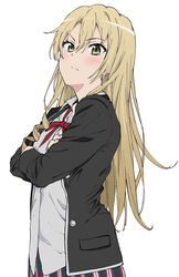  black_jacket blazer blonde_hair blush commentary_request crossed_arms female green_eyes highres jacket long_hair looking_at_viewer miura_yumiko photoshop_(medium) plaid plaid_skirt school_uniform simple_background skirt sobu_high_school_uniform solo white_background yahari_ore_no_seishun_lovecome_wa_machigatteiru. yoshiki360 