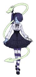  alternate_costume bad_id bad_pixiv_id blue_skin bow breasts closed_eyes colored_skin curtsey dress_shirt female full_body ganno gothic_lolita hair_over_one_eye hairbow highres leviathan_(skullgirls) lolita_fashion mary_janes medium_breasts object_through_head pantyhose purple_hair purple_legwear shirt shoes side_ponytail skeletal_arm skeleton skirt_hold skullgirls solo squigly_(skullgirls) standing stitched_mouth stitches striped_clothes striped_pantyhose transparent_background zombie 