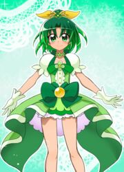  alternate_color bare_legs bow brooch choker commentary_request cosplay cure_flora cure_flora_(cosplay) female flower_brooch gloves go!_princess_precure green_background green_eyes green_hair green_skirt green_theme hairbow high_ponytail ikkyuu in-franchise_crossover jewelry magical_girl midorikawa_nao ponytail precure puffy_short_sleeves puffy_sleeves short_hair short_sleeves skirt smile smile_precure solo standing unofficial_precure_costume waist_bow waist_brooch yellow_bow 