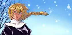  akira_(yuibnm71) blonde_hair blue_eyes braid commentary_request female floating_hair highres lips long_hair maoyuu_maou_yuusha nose nun onna_kishi_(maoyuu) single_braid solo traditional_nun 