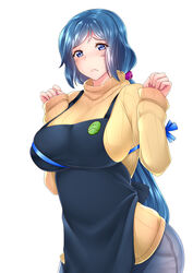  :&lt; apron blue_eyes blue_hair breasts commentary_request denim female frown gundam gundam_build_fighters haro_button_badge highres hip_focus huge_breasts iori_rinko jeans long_hair mature_female megatama pants parody ponytail rei_no_himo ribbed_sweater simple_background solo sweater very_long_hair white_background 