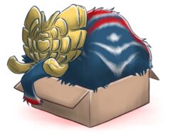  4:3 ambiguous_gender blue_body blue_fur box canes-cm capcom container feral fur gammoth if_it_fits_i_sits_(meme) in_box in_container mammal meme monster_hunter multicolored_body multicolored_fur primatius red_body red_fur simple_background solo white_background white_body white_fur 