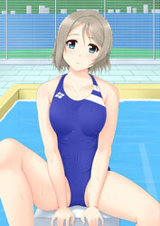  blue_eyes blue_one-piece_swimsuit commentary_request competition_swimsuit female fence grey_hair highres looking_at_viewer love_live! love_live!_sunshine!! md5_mismatch one-piece_swimsuit parted_lips pool poolside resolution_mismatch sano_souichi short_hair sitting solo source_smaller starting_block swimsuit watanabe_you wet wet_clothes wet_swimsuit 