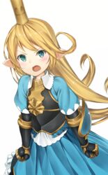  angry blonde_hair blue_eyes blush charlotta_(granblue_fantasy) commentary_request crown female gauntlets granblue_fantasy harvin highres hiraba_6018 juliet_sleeves long_hair long_sleeves looking_at_viewer open_mouth pointy_ears puffy_sleeves simple_background solo white_background 