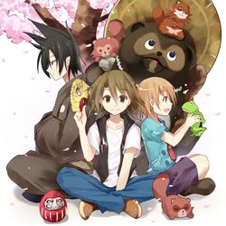  3boys :3 black_eyes black_hair brown_eyes brown_hair cherry_blossoms closed_eyes commentary_request crossed_arms daruma_doll efe family father_(uchouten_kazoku) folding_fan frog hand_fan hat indian_style looking_at_viewer mother_(uchouten_kazoku) multiple_boys open_mouth shimogamo_yaichirou shimogamo_yajirou shimogamo_yasaburou shimogamo_yashirou shorts sitting smile spiked_hair tanuki uchouten_kazoku vest 