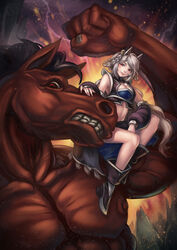  animal_humanoid anthro armwear black_hair boots bottomwear braided_hair breasts brown_body brown_fur chinese_zodiac clenched_teeth clothed clothing detached_sleeves detailed_background duo equid equid_humanoid equine equine_humanoid female fist flexing footwear fully_clothed fur hair happy horse humanoid kaizeru_(artist) looking_at_viewer male mammal mammal_humanoid muscular muscular_male partially_clothed red_eyes riding shirt sitting skirt smile teeth topwear white_hair year_of_the_horse 