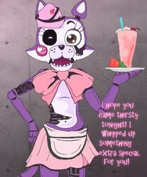  1_eye animatronic anthro beverage bottomwear bow_(feature) bow_tie clothing damaged dialogue domestic_cat english_text fazbear_fanverse felid feline felis female five_nights_at_candy&#039;s five_nights_at_candy&#039;s_2 flower ghost_(artist) hat headgear headwear machine mammal milkshake plant robot simple_background skirt solo talking_to_viewer text waiter withered_cindy_(fnac) 