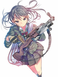  bag bayonet black_hair blue_eyes blush bullet clip_(weapon) commentary_request daito female gloves gun gun_sling magazine_(weapon) original reloading rifle school_bag school_uniform short_hair skirt sks solo weapon 