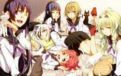  6+girls bad_id bad_pixiv_id black_hair blonde_hair blue_eyes brown_hair feline green_eyes kimura_(ykimu) long_hair long_legs multiple_girls one_eye_closed photoshop_(medium) red_eyes red_hair school_uniform serafuku short_hair silver_hair soushuu_senshinkan_gakuen_hachimyoujin yellow_eyes 