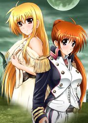  2girls bare_shoulders blonde_hair breasts buttons commentary_request cosplay diesel-turbo dress epaulettes fate_testarossa full_moon large_breasts looking_at_viewer looking_down lyrical_nanoha mahou_shoujo_lyrical_nanoha_strikers military military_uniform mizuki_nana mizuki_nana_(cosplay) moon multiple_girls night nishikawa_takanori nishikawa_takanori_(cosplay) parody ponytail purple_eyes red_eyes red_hair sad side_ponytail t.m.revolution takamachi_nanoha uniform voice_actor_connection white_dress 