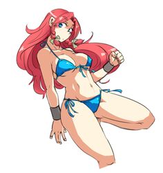  bikini blue_eyes braid commentary_request female hong_meiling long_hair ponke red_hair solo swimsuit touhou twin_braids wristband 