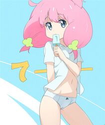  arm_behind_back bad_id bad_pixiv_id blue_background cameltoe commentary_request cowboy_shot female food hayyan holding holding_food ice_cream navel no_pants panties pink_hair shinjou_kanae_(teekyuu) shirt short_sleeves solo teekyuu twintails underwear white_panties 