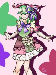  antennae bow closed_eyes closed_mouth commentary_request dress female hair_ornament hair_ribbon highres kohaku_(rune_factory) long_sleeves outstretched_arms ribbon rune_factory rune_factory_4 shirt short_hair smile solo spread_arms violet_the_ghost 