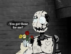  4:3 animatronic dialogue disembodied_hand duo english_text fazbear_fanverse female five_nights_at_candy&#039;s five_nights_at_candy&#039;s_2 flower ghost_(artist) heart_symbol human machine mammal not_furry open_mouth plant robot smile text withered_blank_(fnac) 