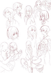  2girls 4boys bangs bicycle borr closed_eyes collared_shirt expressions formal glasses greyscale ground_vehicle hibiki_yuuta high_ponytail long_hair max_(ssss.gridman) monochrome multiple_boys multiple_girls ponytail samurai_calibur school_uniform shinjou_akane shirt short_hair short_sleeves ssss.gridman suit takarada_rikka twintails waistcoat wing_collar 