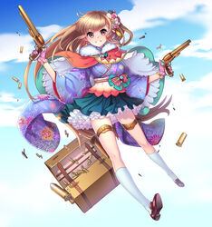  :d absurdres blonde_hair blue_kimono box breasts brown_eyes bullet cleavage commentary_request female full_body gloves gun hair_ornament highres holster japanese_clothes kimono kimono_skirt kneehighs long_hair looking_at_viewer medium_breasts open_mouth original pink_gloves smile socks solo teeth thigh_strap very_long_hair weapon white_socks yamanashi_kawanashi 