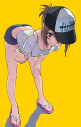  ass bad_id bad_twitter_id bare_legs bent_over blue_bra blue_panties body_blush bra bra_strap breasts brown_hair butt_crack cleavage clenched_hand dimples_of_venus downpants female flip-flops full_body grin hand_on_own_knee hat looking_at_viewer one_eye_covered original panties panty_peek purple_eyes sandals short_hair short_shorts shorts simple_background small_breasts smile solo standing sweat underwear washi_no_tosaka yellow_background 