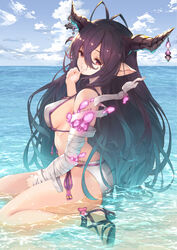  antenna_hair bandaged_arm bandages bikini black_hair blue_sky breasts cloud commentary_request crescent crescent_hair_ornament danua danua_(summer)_(granblue_fantasy) day draph female finger_to_mouth granblue_fantasy hair_between_eyes hair_ornament high_heels highres horn_ornament horns large_breasts long_hair looking_at_viewer official_alternate_costume outdoors pointy_ears profile red_eyes ryouku sitting sky solo swimsuit wariza water white_bikini 