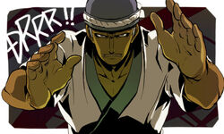  1boy bad_id bad_pixiv_id collarbone commentary_request copyright_name dark-skinned_male dark_skin durarara!! grey_hat hands_up hat hotate_(suikaneko) japanese_clothes kimono looking_at_viewer male_focus muscular muscular_male open_mouth simon_brezhnev solo upper_body 