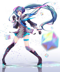  :d aqua_eyes aqua_hair belt black_thighhighs blue_hair blurry bracelet buttons contrapposto cube depth_of_field female gloves hair_ornament hair_ribbon hand_in_hand_(vocaloid) hatsune_miku holding holding_microphone hoshima jewelry leg_belt long_hair magical_mirai_(vocaloid) magical_mirai_miku magical_mirai_miku_(2015) microphone motion_blur music official_art open_mouth pigeon-toed reflection ribbon singing smile solo standing thigh_strap thighhighs twintails v-shaped_eyebrows very_long_hair vocaloid 