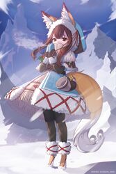  absurdres animal_ear_fluff animal_ears animal_feet belt black_pantyhose blue_sky boots breath brown_hair capelet coat cold commentary_request digitigrade female footprints fox_ears fox_girl fox_tail full_body fur-trimmed_boots fur-trimmed_capelet fur-trimmed_coat fur-trimmed_hood fur-trimmed_mittens fur_trim highres holly hood hooded_capelet horn_(instrument) konbu_(hida123) mittens mountain original outdoors pantyhose skirt sky snow solo tail yellow_eyes 