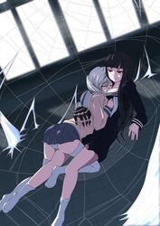  2girls atlach-nacha between_breasts black_hair breasts closed_eyes commentary_request couple grey_hair head_between_breasts hirasaka_hatsune hug lying miyama_kanako multiple_girls on_person panties pantyshot school_uniform serafuku silk socks spider_web thighhighs underwear yume_developing yuri 