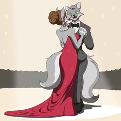  1:1 2017 anthro bow_tie brown_hair canid canine canis chloe_shiwulf clothed clothing conditional_dnp countershading dancing digital_media_(artwork) dress duo eye_contact female fur green_eyes grey_body grey_fur hair hand_holding hand_on_back hi_res looking_at_another male mammal open_mouth purple_eyes roger_(zp92) romantic romantic_ambiance romantic_couple simple_background smile standing suit wolf zp92 