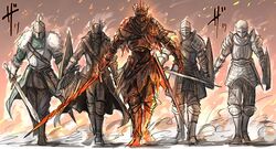  5others absurdres armor bad_id bad_twitter_id bearer_of_the_curse bloodborne burning chosen_undead commentary dark_souls_(series) dark_souls_i dark_souls_ii dark_souls_iii demon&#039;s_souls full_armor fur_collar hat helmet highres hunter_(bloodborne) kankan33333 knight long_coat multiple_others saw saw_cleaver shield slayer_of_demons soul_of_cinder sword walking weapon 