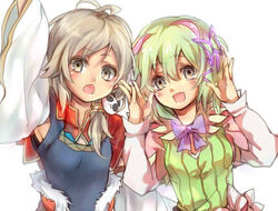  2girls :d :o antennae arms_up bad_id bad_pixiv_id bow breasts detached_sleeves dress green_hair hair_between_eyes hair_ornament hair_ribbon kohaku_(rune_factory) long_sleeves multiple_girls open_mouth ribbon rune_factory rune_factory_4 side_ponytail silver_hair small_breasts smile xiao_pai yudaoshan 