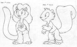  2012 anthro barefoot biped bottomwear buckteeth buttonverse clothing domestic_cat feet felid feline felis female graphite_(artwork) greyscale hand_in_pocket hands_in_both_pockets hi_res looking_away madeline_(buttonverse) male mammal mizzyam monochrome multiple_images pants pencil_(artwork) pockets rickie_squirrel rodent sciurid shirt simple_background smile solo standing tank_top teeth topwear traditional_media_(artwork) tree_squirrel white_background young young_anthro 