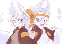  anthro big_ears breasts canid canine clothing donpa_marksman_fur_hire duel_monster duo female fennec_fox fox fur fur_hire hair konami male mammal oro_neko recon_scout_fur_hire simple_background tail true_fox white_background white_body white_fur white_hair white_tail yu-gi-oh! 