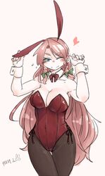  animal_ears blue_eyes bow bowtie braid breasts cleavage commentary_request detached_collar female hong_meiling large_breasts long_hair one_eye_closed pantyhose playboy_bunny ponke rabbit_ears red_hair revision touhou twin_braids wrist_cuffs 