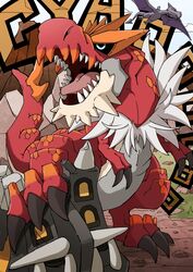  aerodactyl bastiodon beard claws colored_skin commentary_request dinosaur dragon facial_hair fangs hirayama_(hirayamaniwa) no_humans open_mouth pokemon pokemon_(creature) red_skin roaring sharp_teeth standing_on_another&#039;s_head teeth tongue tyrantrum wings 