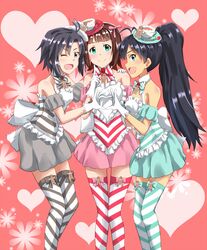  3girls 4-fingers_heart_hands :d ;d amami_haruka antenna_hair bad_id bad_pixiv_id black_hair brown_hair commentary_request dars_(recolors) diagonal_stripes ganaha_hibiki girl_sandwich green_eyes hair_ribbon heart heart_hands heart_hands_duo idolmaster idolmaster_(classic) kikuchi_makoto looking_at_viewer multiple_girls one_eye_closed open_mouth ponytail profile ribbon sandwiched short_hair smile striped teatime_happiness_(idolmaster) thighhighs 