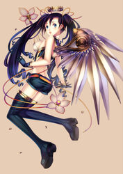  bare_shoulders belt blue_eyes blush boots breasts commentary_request falseele female flower gloves halo highres lips long_hair looking_back mechanical_halo mechanical_wings medium_breasts original parted_lips purple_hair shorts sideboob solo thigh_boots thighhighs twintails wings 