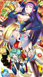  3girls ass back banana banana_slice black_legwear blonde_hair blue_eyes blue_hair blue_legwear bracelet braid breasts candy chocolate cleavage cleavage_cutout clothing_cutout commentary_request cream_puff cupcake doughnut earrings food french_cruller fruit highres hime_cut horns jelly_bean jewelry kiwi_(fruit) kneeling large_breasts licking_lips long_hair looking_at_viewer medium_breasts multiple_girls open_mouth original parfait pastry photoshop_(medium) pocky pointy_ears polearm pon_de_ring pudding purple_hair red_eyes rubber_duck short_hair sideboob sleeveless spear spoon strawberry thighhighs tongue tongue_out wafer_stick weapon yamanashi_kawanashi 