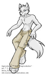  2006 anthro barefoot biped canid canine canis cherushi clothed clothing feet fur grey_body grey_fur grey_hair hair male mammal navel simple_background solo text topless url white_background wolf 