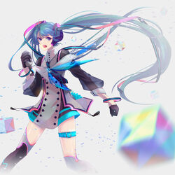  :d aqua_hair belt black_legwear blurry bracelet buttons contrapposto cube depth_of_field female gloves hair_ornament hair_ribbon hatsune_miku highres holding holding_microphone hoshima jewelry leg_belt long_hair microphone music open_mouth ribbon singing smile solo standing thigh_strap twintails v-shaped_eyebrows very_long_hair vocaloid 