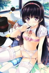  black_hair breasts female garter_belt habane_kotori hairband hat indoors kono_oozora_ni_tsubasa_wo_hirogete lingerie long_hair open_mouth red_eyes small_breasts solo thighhighs top_hat underwear v white_thighhighs wrist_cuffs yashima_takahiro 