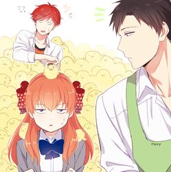  2boys ? ?? bad_id bad_pixiv_id bird black_hair bow brown_eyes chick female gekkan_shoujo_nozaki-kun hairbow mery_(yangmalgage) mikoshiba_mikoto multiple_boys nozaki_umetarou orange_hair polka_dot polka_dot_bow purple_eyes red_hair sakura_chiyo sweat too_many 