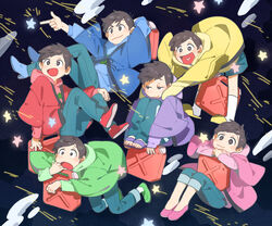  &gt;:) 6+boys :3 arm_behind_head bad_id bad_pixiv_id black_hair boots brothers denim finger_gun haori heart heart_in_mouth highres hood hoodie japanese_clothes jeans jerry_can kneehighs knees_to_chest loafers male_focus matsuno_choromatsu matsuno_ichimatsu matsuno_jyushimatsu matsuno_karamatsu matsuno_osomatsu matsuno_todomatsu messy_hair multiple_boys open_mouth osomatsu-kun osomatsu-san osomatsu_(series) pants pants_rolled_up sandals sextuplets shoes shooting_star shorts siblings sleeves_past_wrists slippers smile sneakers socks star_(sky) track_pants v-shaped_eyebrows white_legwear yai_(hachihito) 