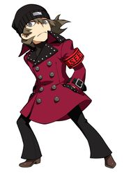  1boy aragaki_shinjirou beanie brown_hair coat grey_eyes hands_in_pockets hat highres male_focus official_art oribe_hanako persona persona_3 persona_q2:_new_cinema_labyrinth persona_q_(series) s.e.e.s solo source_request trench_coat 