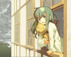  alternate_hairstyle english green_eyes green_hair kino kino_no_tabi leaning open_mouth smile teddy_bear wallpaper windowsill 