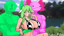  1girls 2boys axolotl belly belly_button cow_bikini cow_ears enderbull_jolin female green_eyes green_hair holding_breast holding_breasts huge_breasts jademan jadevaquita jewelry latam_virtual_youtuber long_hair minecraft minecraft_background servants_holding_aphrodite&#039;s_breasts_(meme) signature virtual_youtuber youtube youtube_hispanic 