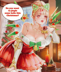  1girls 2023 alternate_version_available annjelife bangs bell bells bent_forward big_breasts blonde_female blonde_hair blonde_hair_female bow bow_ribbon breasts candle christmas christmas_clothing christmas_decorations christmas_headwear christmas_lights christmas_ornaments christmas_outfit christmas_tree cleavage clothed clothed_female clothes clothing comic comic_page comic_panel commission cybernetic_eye deep_cleavage fringe front_view gold_jewelry hair hair_accessory hair_bun hair_ornament hair_up hairbun hand_on_leg headband headgear headwear hi_res high_resolution highres holding_object hunched_over indie_virtual_youtuber jingle_bell large_breasts leaning_forward light-skinned_female light_skin looking_at_another low_cut_top merlinm open_mouth orange_eyes page_1 pink_highlights red_dress red_eyes ribbon ribbons sidelocks solo solo_female solo_focus text text_bubble two_tone_hair unusual_pupils updo virtual_youtuber virus vtuber wings ych ych_result 