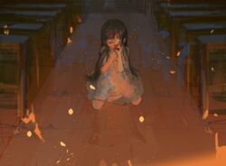  black_hair blood blood_on_clothes blood_on_face blood_on_hands brown_eyes burning commentary_request dark dress female fire highres indoors kirishiki_sunako kneeling long_hair medium_dress night on_floor partial_commentary qwok32 shiki_(novel) solo white_dress wide-eyed 